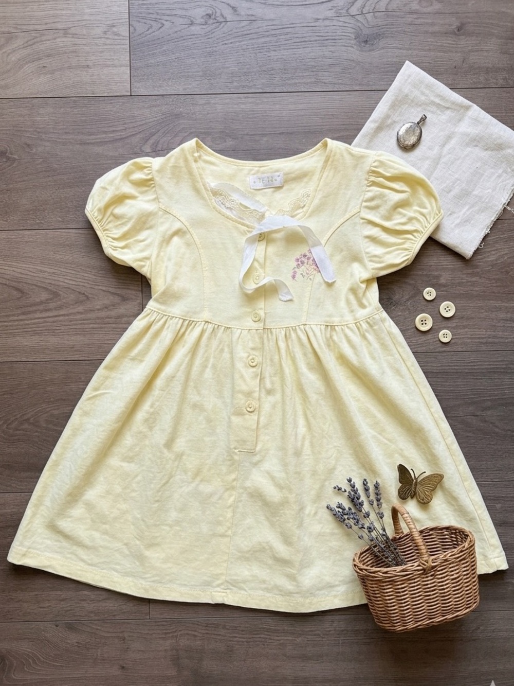 TeTe Girls Yellow Embroidered Flutter Sleeve Dress